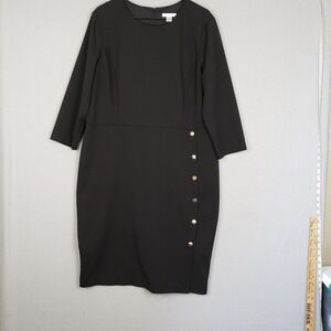 London Times Size 18 Button Front Midi Dress Black Short Sleeve Modest Office